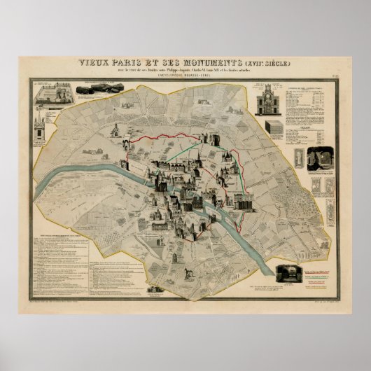 Poster Paris vintage - Carte des monuments et monuments (Devant)