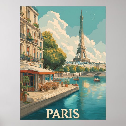 Poster Paris vintage : Tour Eiffel & Café Seine (Devant)