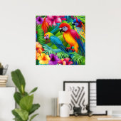 Poster Parrot 3 Birds Tropical Floral palms blue purple (Bureau à domicile)