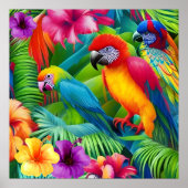Poster Parrot 3 Birds Tropical Floral palms blue purple (Devant)