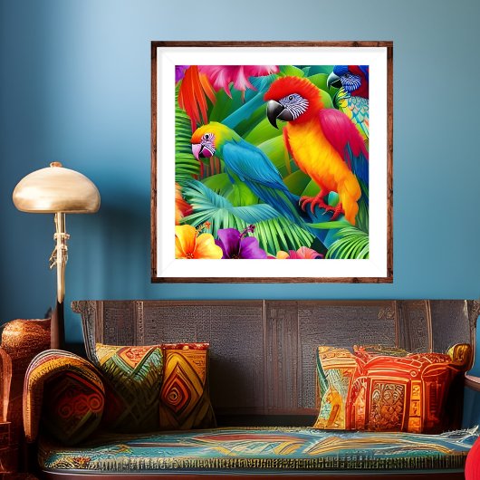 Poster Parrot 3 Birds Tropical Floral palms blue purple