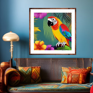 Poster Parrot Oiseau Tropical Palmiers bleus violet rouge