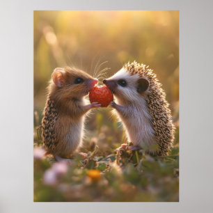Poster Partage d'une fraise - Hérisson adorable et souris