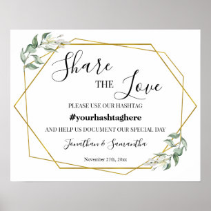 Poster Partagez le hashtag Love Mariage Green Gold Sign