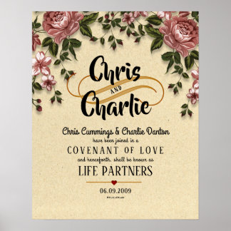 Poster "Partenaires de vie" Certificat de Mariage Floral 