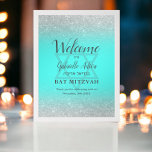 Poster Parties scintillant argent chic Bat mitzvah turquo<br><div class="desc">Chic argenté et argent parties scintillant ombre turquoise bleu Bat mitzvah signe de bienvenue. L'arrière - plan bleu turquoise est entièrement personnalisable. Ajoutez votre nom hébreu.</div>