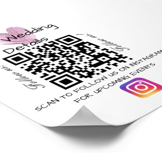 Poster Parties scintillant cardiaque rose mariage qr code (Coin)