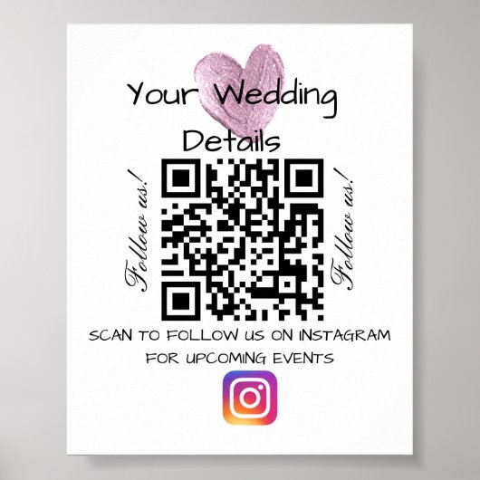 Poster Parties scintillant cardiaque rose mariage qr code (Devant)