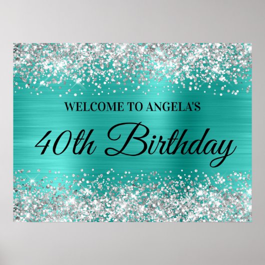 Poster Parties scintillant d'argent Turquoise Foil 40e an (Devant)