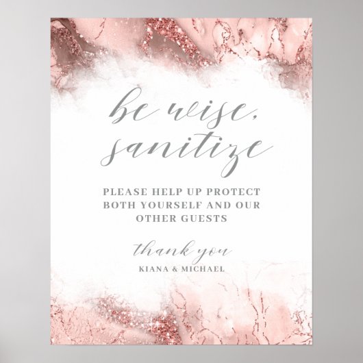 Poster Parties scintillant de marbre Mariage Sanitize Ros (Devant)