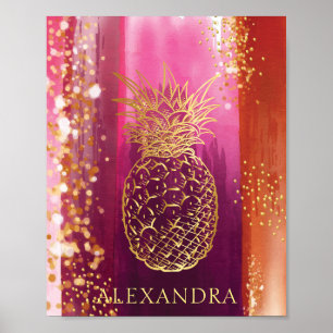Poster Parties scintillant d'or en ananas rose personnali
