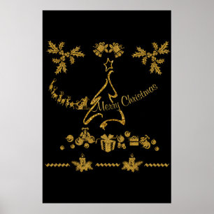 Poster Parties scintillant d'or Joyeux Noël, Père Noël