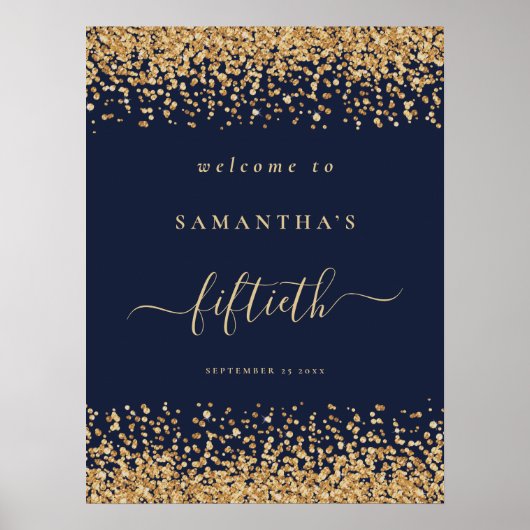 Poster Parties scintillant d'or Marine Bleu Script Bienve (Devant)