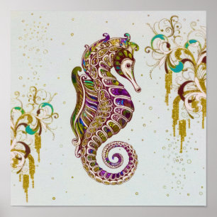 Poster Parties scintillant Gold Summer Rainbow Seahorse