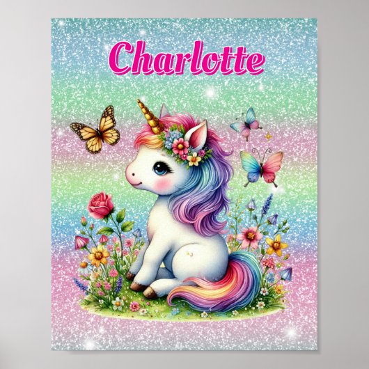Poster Parties scintillant licorne fleurs sauvages de pra (Devant)