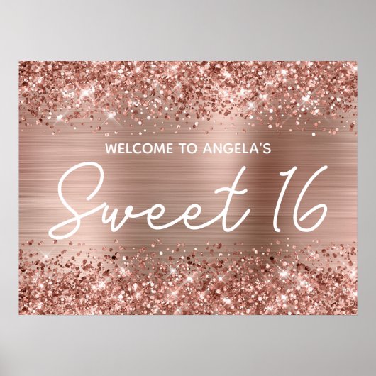 Poster Parties scintillant or rose et Foil Sweet 16 Bienv (Devant)