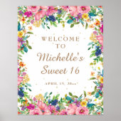 Poster Parties scintillant rose Floral Or Sweet 16 Bienve (Devant)