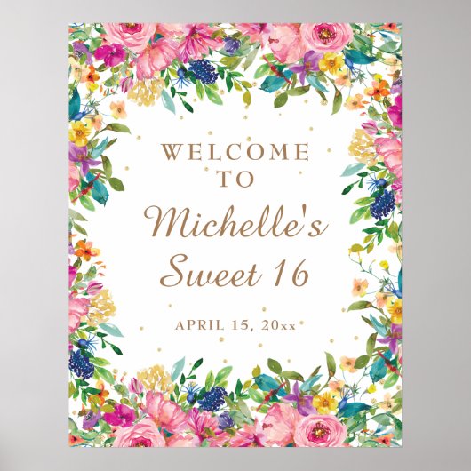 Poster Parties scintillant rose Floral Or Sweet 16 Bienve (Devant)