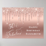 Poster Parties scintillant Rose Gold 50th Birthday Party<br><div class="desc">Élégante et chic affiche de bienvenue à la fête du 50e anniversaire avec parties scintillant en or rose gouttes sur un arrière - plan en or rose. "50 & Fabulous" est écrit dans un script blanc élégant. Customisez avec son nom dans la typographie blanche moderne.</div>