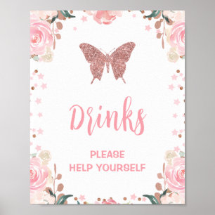Poster Parties scintillant rose Papillon Boire Signé de f