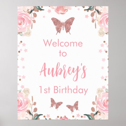 Poster Parties scintillant rose Papillon d'anniversaire P (Devant)