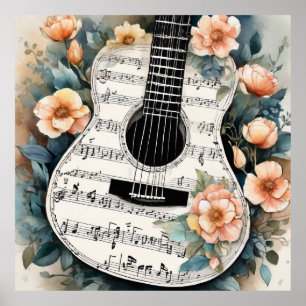 Poster Partition Musique Guitare Acoustique En Fleurs De