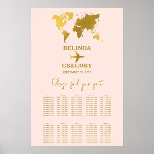 Poster Passeport de mariage Rose blush Or Plan de table (Devant)