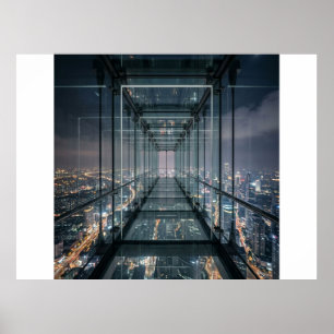 Poster Passerelle de verre au-dessus de la ville de néon
