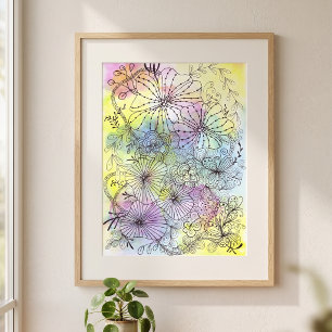 Poster Pastel Aquarelles Florales élégantes Noir Line Art