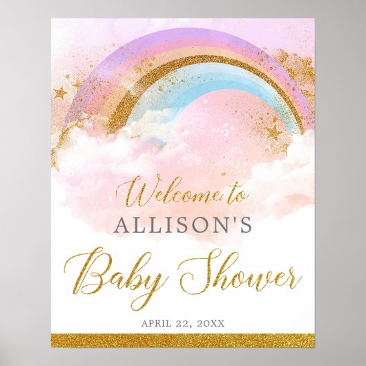 Poster Pastel arc-en-ciel or rose baby shower signe de bi (Devant)