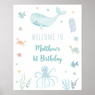 Poster Pastel Bleu Sous la Mer Accueil d'Anniversaire