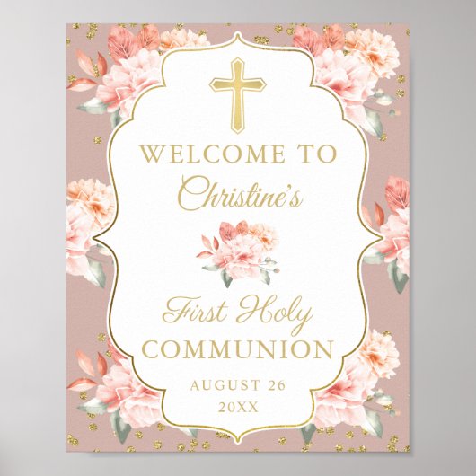 Poster Pastel Coral Floral First Holy Communion Welcome (Devant)