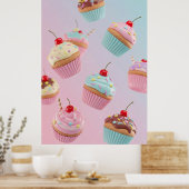 Poster Pastel Cupcake Pattern on Pink (Cuisine)