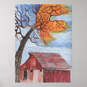 Poster Pastel de couleur d'eau de grange de chute