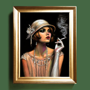 Poster Pastel Dessin 1920 Flapper Girl Fumer