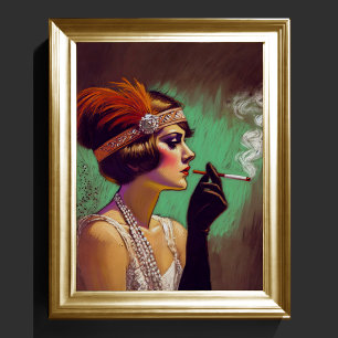 Poster Pastel Dessin 1920 Flapper Girl Fumer III
