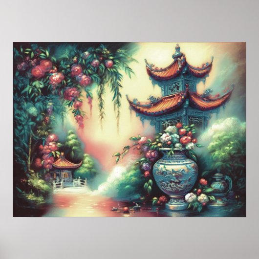 Poster Pastel Dessin Ancien Vase De Pagode Fleurs (Devant)