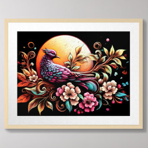 Poster Pastel Dessin Asiatique Floral faisan