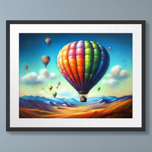 Poster Pastel Dessin Balloons À Air Chaud Sur Paysage