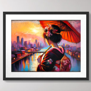 Poster Pastel Dessin Geisha Sunset Parapluie