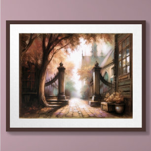 Poster Pastel Dessin Nook foncé en petite ville européenn