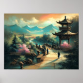 Poster Pastel Dessin Pagode asiatique et Pont (Devant)