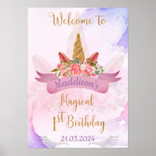 Poster Pastel Floral Unicorne fête d'anniversaire Bienven