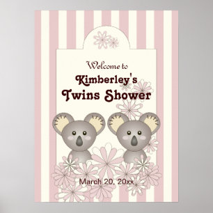 Poster Pastel Pink Baby Koala Twin Girl Party Bienvenue