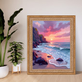 Poster Pastel Pink Beach Sunset Ocean Waves Watercolor