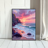 Poster Pastel Pink Beach Sunset Ocean Waves Watercolor