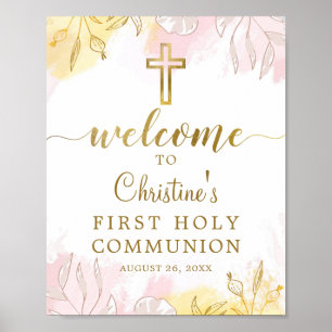 Poster Pastel Pink Gold Floral Première communion Bienven