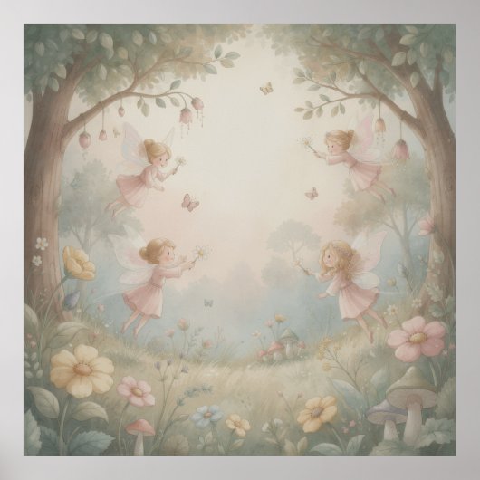 Poster Pastel Rococo Fairy Garden Whimsical Nursery Mural (Devant)