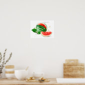 Poster Pastèque et éclaboussures de peinture aquarelle (Cuisine)