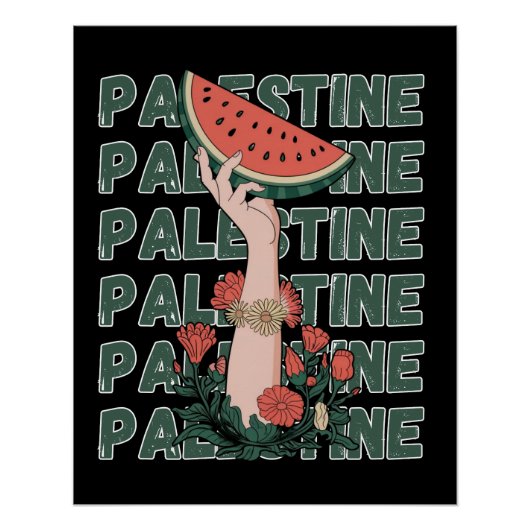 Poster pastèque, fleurs et texte Palestine Répéter (Devant)